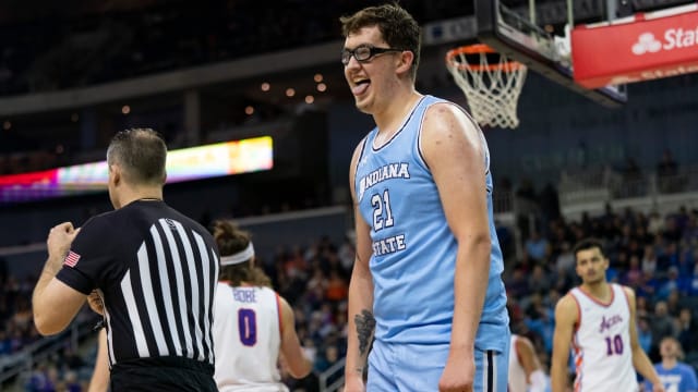 Indiana State’s Robbie Avila (21) reacts after being fouled as the Evansville Purple Aces play the Indiana State Sycamores at Ford Center in Evansville, Ind., on Feb. 28, 2024.